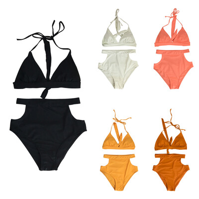 

Sexy Women High Waist Bikini Set Halter Straps Cut Out Side Backless Two Piece Swimsuit Swimwear