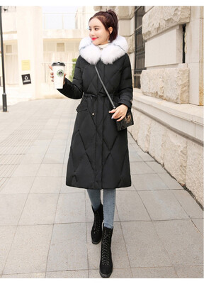 

Large fur collar waist long knee overcoat cotton slim down jacket