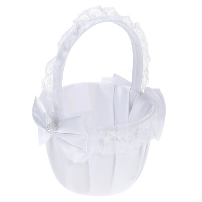 

White Satin Lace Wedding Flower Girl Basket with Bowknots Decoration Wedding Supplies