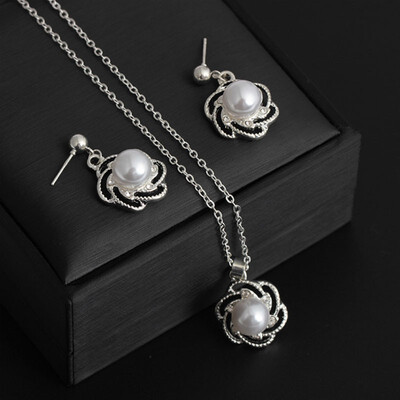 

Women Beautiful Chic Crystal Pearl Flower Dangle Earrings Necklace Set Wedding Party Jewelry Gift