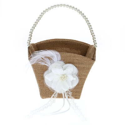 

Vintage Rustic Wedding Burlap Flower Girl Basket with Artificial Pearls Decoration Wedding Supplies
