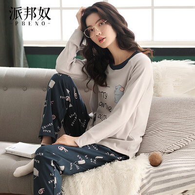 

Pabangu pajamas womens cotton long-sleeved spring 19 new product set cartoon Korean casual loose outer wear home service suit 70912117 gray
