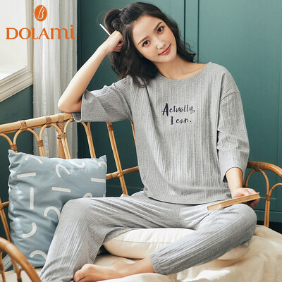 

Doramei pajamas women spring&autumn cotton round neck letters loose casual sets of seven-point sleeves autumn striped home service HT912091 flower gray