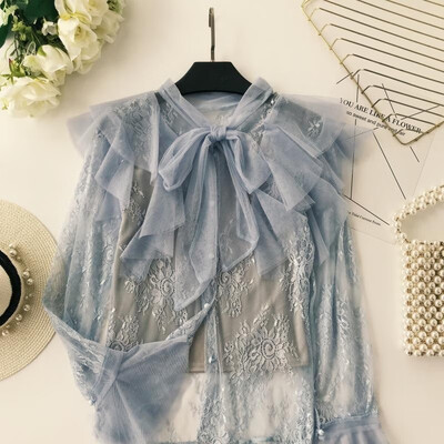 

elegant flare sleeve mesh shirts two piece set shirt