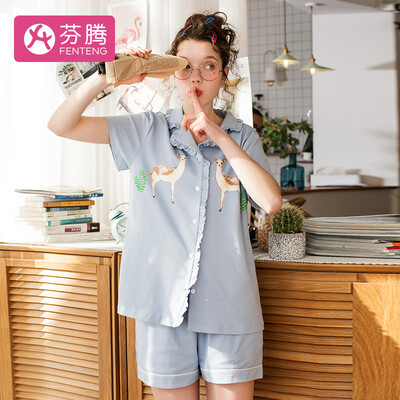 

Fen Teng 2019 new print sweet classic V-shaped curling collar comfortable cotton short-sleeved home service ladies pajamas J980A20536 light blue