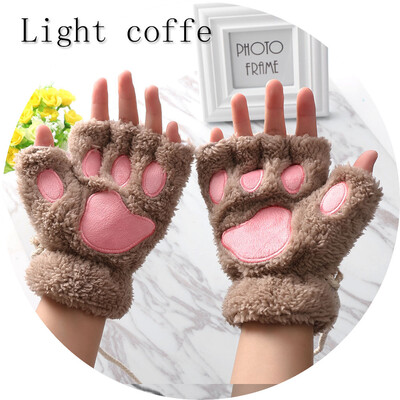 

1Pair Women Girls Lovely Winter Warm Fingerless Gloves Fluffy Bear Cat Plush Paw Claw Half Finger Gloves Mitten New