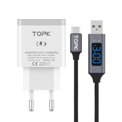 

TOPK Fast Charging Package QC30 Wall Charger 3A max Type-c Cable for Samsung s8 s9 Xiaomi 8