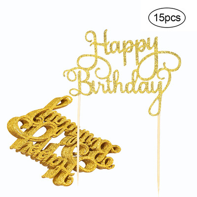 

15pcs Glitter Paper Happy Birthday Cake Topper Cupcake Dessert Decoration Supplies for Birthday Party Celebration--Mix Colors