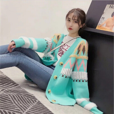 

Autumn 2018 Korean version of loose geometric color mohair in the long knit cardigan womens jacket