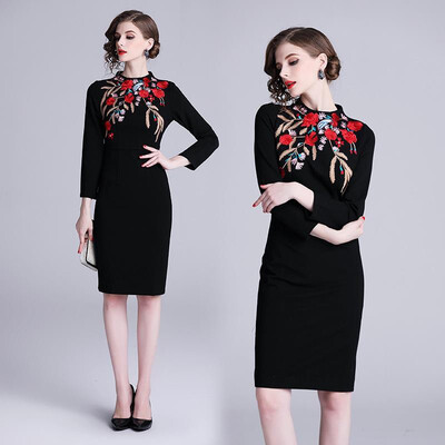 

S M L XL XXL vintage new spring 2019 midi dress women long sleeve straight bandage digital flower embroidery office lady
