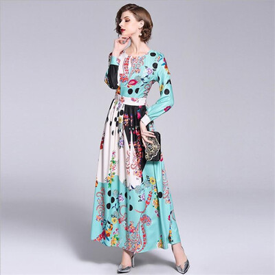 

M L XL XXL elegant new spring 2019 long maxi dress women long sleeve blue flower digital print slim A line ankle length vintage