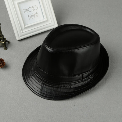 

Unisex Women Men Fedora Hat PU Leather Formal Vintage Jazz Hat Bucket Cap Black