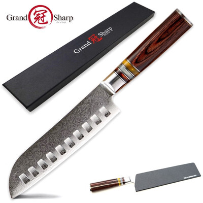 

Grandsharp 7 Inch Damascus Kitchen Knives Santoku 67 Layers vg10 Japanese Damascus Chef Cooking Tools Stainless Steel Gift Box