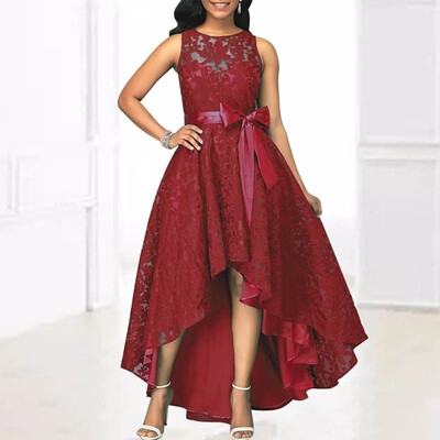 

Women Fashion High Waist Bow Belted Lace Irregular Hem Maxi Dress Solid Color Sleeveless Elegant Dress for Cocktail Party