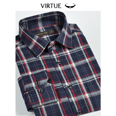 

Virtue rich cotton velvet plaid mens shirt 2019 spring new casual comfortable mens cotton sanded long-sleeved shirt FFC53034411 Navy blue 40
