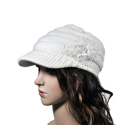 

Winter Women Cable Knitted Visor Hat with Flower Accent Thick Soft Warm Beanie Hats Wool Cap