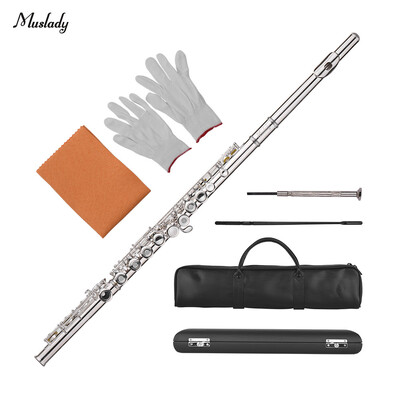 

Muslady 17-Hole Concert C Flute Open Closed Pore Cupronickel Material Silver Plated Woodwind Instrument with Cleaning Cloth Glove