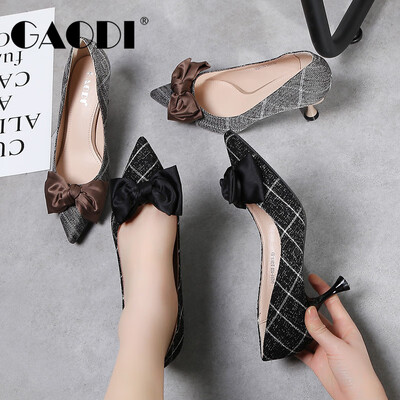 

Gaudy gaodi pointed shallow mouth bow social wild commuter plaid stiletto high heels female plaid black 34