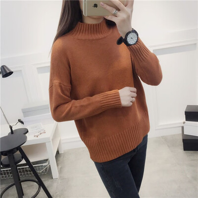 

The new Korean version of autumnwinter 2018 half-high neck pullover womens loose pure color short style leggings knitted sweater