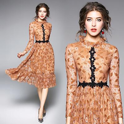 

S M L XL XXL elegant new spring 2019 lace long dress women long sleeve beige flower vintage slim A line mid calf lady