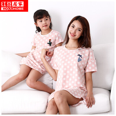 

Red bean home counter with the same lady pajamas cotton ammonia dot printed mother&daughter fun casual short-sleeved skirt 320 ladies pink 17092A