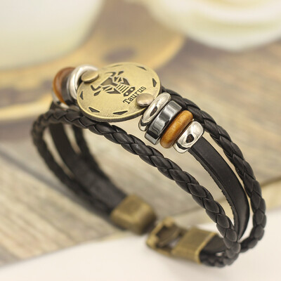 

12 Constellations Bracelet Fashion Jewelry Leather Bracelet Men Casual Personality Zodiac Signs Punk Bracelet