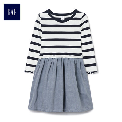 

GAP flagship store female cotton striped round neck long sleeve dress 356572 navy blue stripe 12-18M
