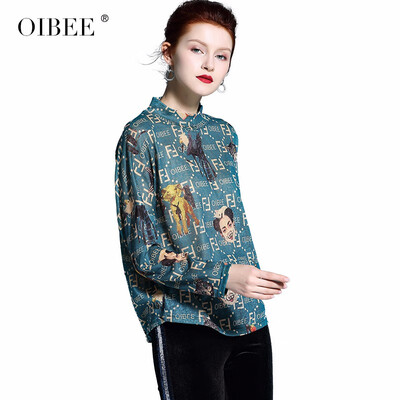 

OIBEE2018 spring new fashion print loose bat sleeve letter T-shirt half-high collar wild bottoming shirt