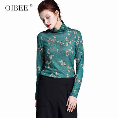 

OIBEE2019 spring&autumn womens new fashion printing high collar stretch knit cotton T-shirt wild bottoming shirt shirt