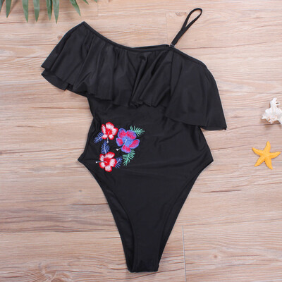 

Women One Piece Swimsuit One Shoulder Floral Embroidered Ruffle Padded Push Up Sexy Monokini Black