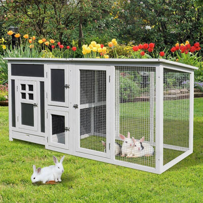 

32 Wood Large Indoor Outdoor Rabbit Hutch with Run - Grey&White