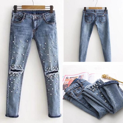 

Fashion Womens Jeans Summer Long Pants Mid Waist Slim Beading Jeans