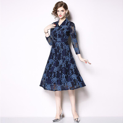 

M L XL XXL elegant new spring 2019 lace long dress women 34 sleeve red blue A line flower V neck office lady