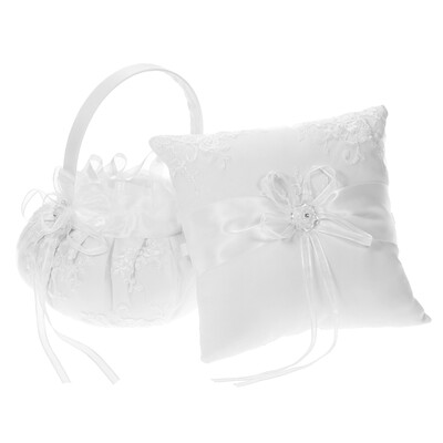

7 7 inches Ivory White Satin Ring Bearer Pillow&Wedding Flower Girl Basket Set