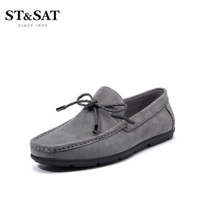 

Saturday Mens Shoes ST&SAT Cow Leather Business Casual Fashion Lazy One-legged Driving Breathable Casual Peas Shoes SS92129901 Gray 39