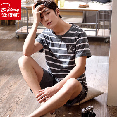 

Arctic velvet mens pajamas summer cotton short-sleeved shorts thin section youth cotton  home service suits can be worn outside 2003 gray L