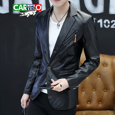 

Cartier crocodile CARTELO suit 2019 spring new mens small suit trend PU leather suit jacket single west casual clothes 306B-2XF88 black