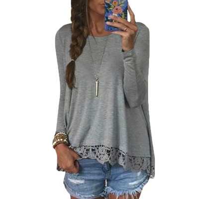 

New Fashion Women Casual T-Shirt Round Neck Long Sleeve Crochet Lace Splice Irregular Hem Top Tee