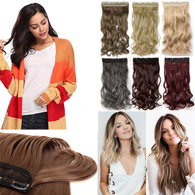 

Synthetic Fiber Clips in on Hair Extension 34 Full Head One Piece 5 Clips Long Silky Curly Wavy