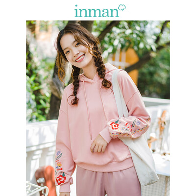 

INMAN 2019 spring new age literary flower embroidery embroidery shoulder long sleeve hooded pullover sweater female F1891082671 pink S