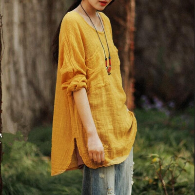 

New Korean Women Loose Cotton Casual Long Sleeve Ethnic Vintage Solid T-Shirt Top Tunic Dress