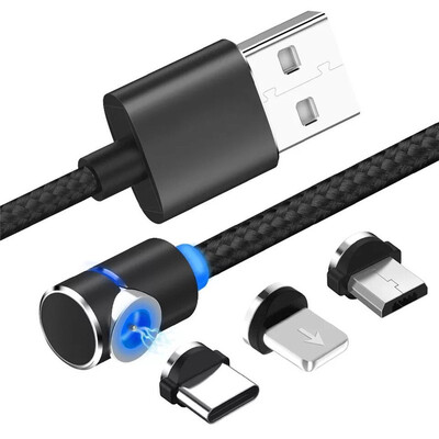 

90 Degree 3 in 1 Led Cable Magnetic Charging Cable for iPhone X 8 7 6 Plus  Nylon Micro USB Cable USB Type-C USB C Cable