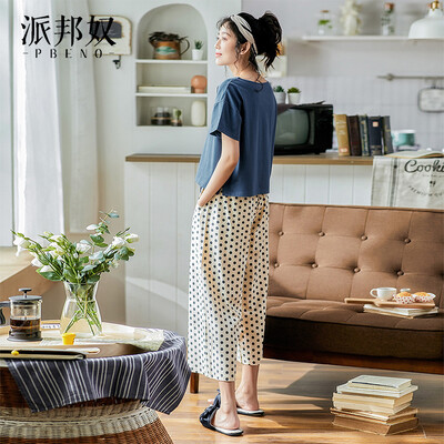 

Pabangu pajamas womens cotton short-sleeved summer 19 new product playful wave point wide-leg pants Korean version of the simple wearable casual home service suit 70922015 Baolan