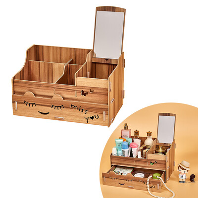 

Wood Makeup Organizer Case with Mirror Desktop Multi Slots Storage Holder for Jewlry Cosmetic Supplies