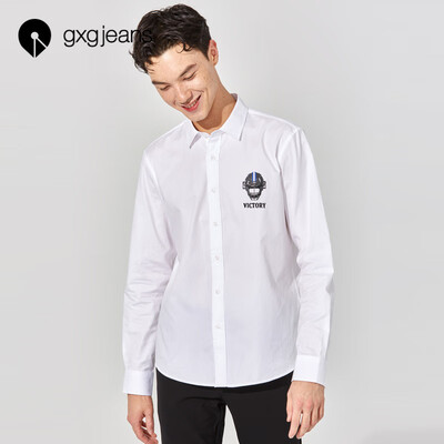 

Gxgjeans mens 2019 spring white cotton long-sleeved shirt mens lapel shirt Korean casual tide white