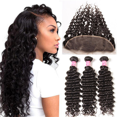 

UNice Hair Icenu Remy Hair Series Peruvian Deep Wave 3 Bundles With Lace Frontal Human Hair Extensions 