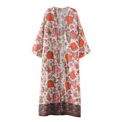 

Floral Print Blouse Shirt Long Kimono Women Cardigan Elegant Long Sleeve Summer Loose Beach Cover Up Outerwear Orange