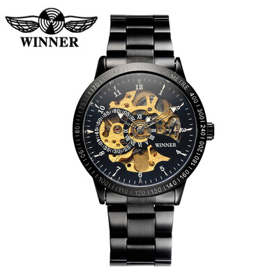 

WINNER Luxury Brand Skeleton Semi Automatic Men Mechanical Watch Luminous Stainless Steel Hand-winding Business Man Wristwatch wit