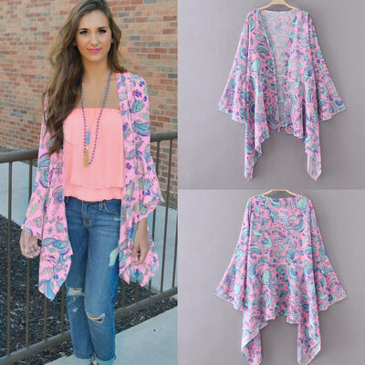 

Fashion Women Long Kimono Cardigan Chiffon Blouse Bohemian Floral Printed Loose Bikini Cover Pink
