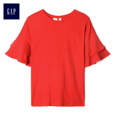 

GAP flagship store girls comfortable cotton ruffled long sleeve round neck T-shirt 922737 positive red